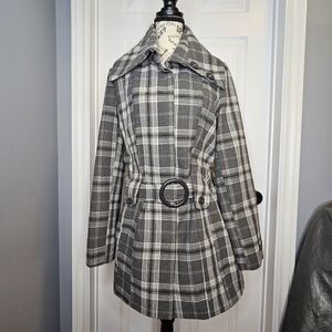 Majora Wool Blend Pea Coat Belted Gray White Plaid Women's Size M NWOT